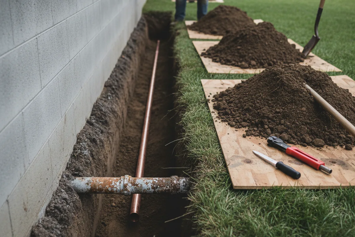 Excavated water line trench during Water Heater Repair in Litchfield